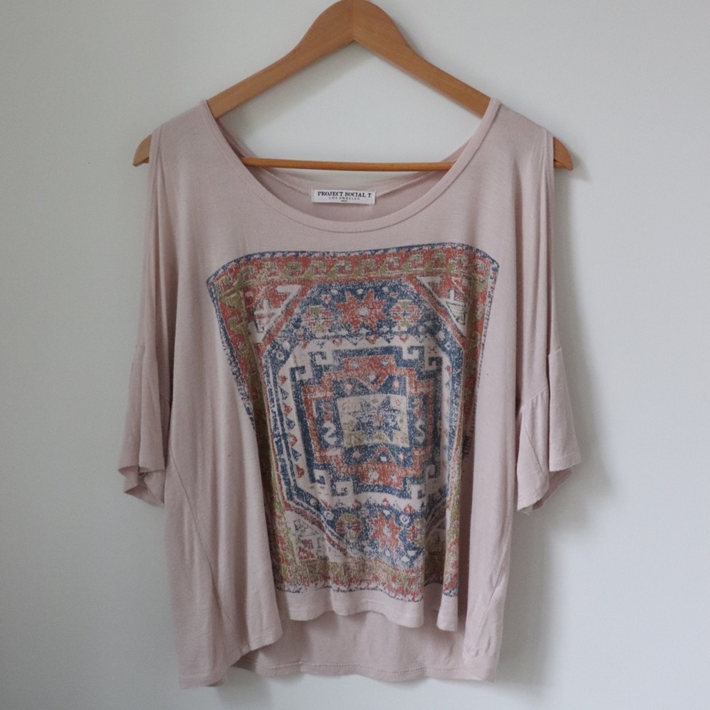 Nude Printed T-shirt with Cut-Out Sleeves